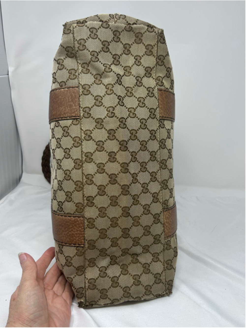 Gucci GG Canvas Bamboo Bar Tote Beige Monogram Shoulder Bag Leather - Picture 7 of 16